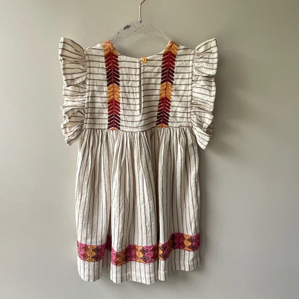 Pink Chicken Embroidered Striped Dress